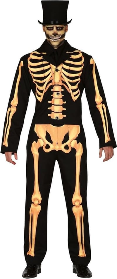 Zwart/oranje skelet verkleed kostuum voor heren - Halloween/horror pak met geraamte/botten print 52/54