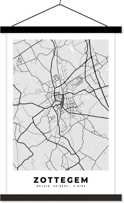 Posterhanger incl. Poster 40x60 cm - Schoolplaat - België – Zottegem – Stadskaart – Kaart – Zwart Wit – Plattegrond - Textielposter - Zwarte latten - Stadskaart