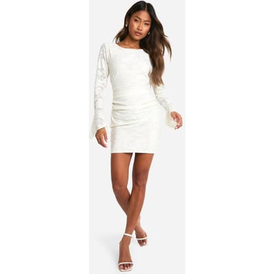 boohoo Dames Jacquard Bloemen Mini Jurk met Uitlopende Mouwen | Ivoor | Maat: 42