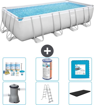 Bestway Rechthoekig Power Steel Zwembad - 488 x 244 x 122 - Grijs Inclusief Pomp - Ladder - Afdekzeil Onderhoudspakket - Filter - Vloertegels