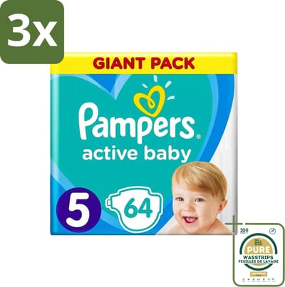 3 x Pampers - Active Baby - Luiers - Maat 5 (11-16 kg) - Zachte Pasvorm - 64 Luiers - Grootverpakking - Luiers Voor Baby - Droge Huid - Luchtdoorlatende Banen - Absoluut Droge Nacht - Dermatologisch Getest