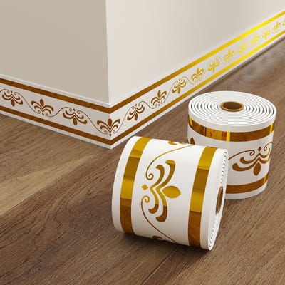 Plakplint - Zelfklevende Plint - Decoratieve Plintstrip - Waterdichte Wandplint - Flexibele PVC Plint Met Ornament Design - Wit Goud - 10 cm x 5 m