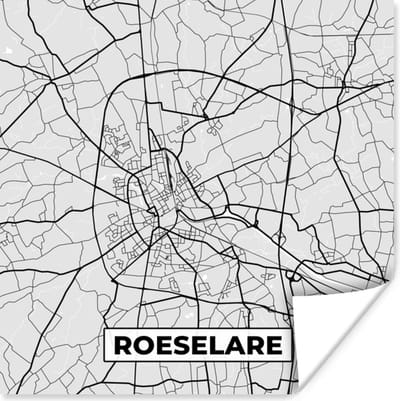 Poster Stadskaart – Zwart Wit - Kaart – Roeselare – België – Plattegrond - 100x100 cm XXL