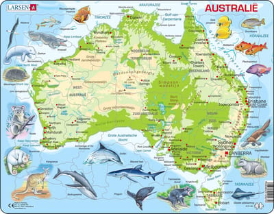 Larsen Australië geografisch met dieren – Puzzel – Kaarten & Geografie – Australië – Educatieve legpuzzel voor kinderen – 65 stukjes – Gemaakt in Noorwegen – Extra dikke 2,5 mm stukjes – Tray met vaste rand