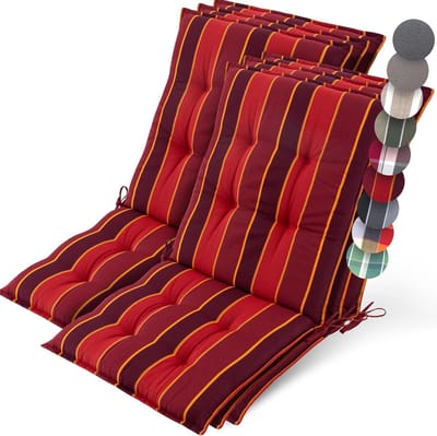 Beautissu Sun-NL – Set van 6 Premium Lage Rugleuning Kussen 100x50 cm - UV-bestendig & 8cm Dik Kussen Tuinstoelkussen Antislip Bevestigingsbanden – Stevige Stof Rood Gestreept