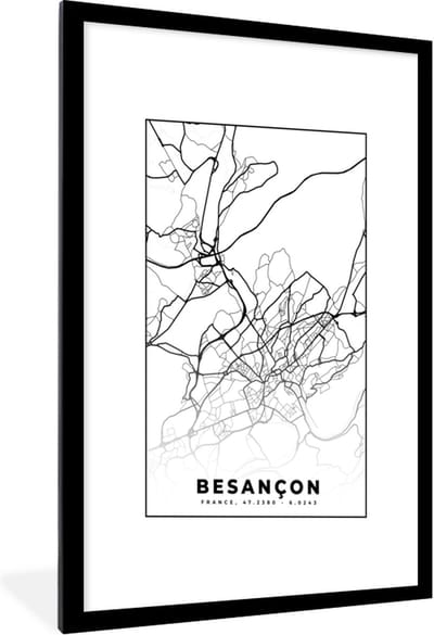Fotolijst incl. Poster Zwart Wit- Stadskaart - Frankrijk - Kaart - Besançon - Plattegrond - Zwart wit - 60x90 cm - Posterlijst