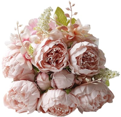 Dailygoods- Kunstbloemen Zijde - Pioenrozen/ Hortensia's - 2 Stengels/ 13 Bloemen - Mini-Boeket - Binnenarrangement - Blijvende Weergave - Nep Bloemen