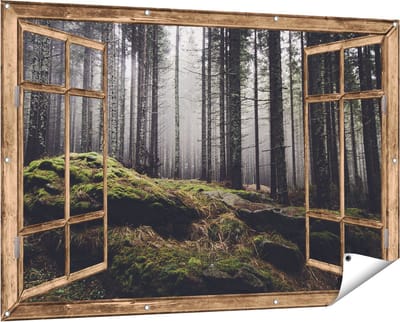 Gards Tuinposter Doorkijk Bos met Mos op Rotsen - 150x100 cm - Tuindoek - Tuindecoratie - Wanddecoratie buiten - Tuinschilderij