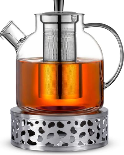Theepot met Filter en Verwarmingselement – Borosilicaatglas – Glazen Theepot met RVS Theefilter en Schenkzeef – 1,2 Liter