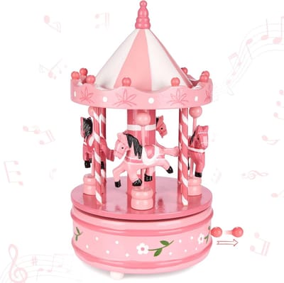 Houten Muziekdoos - Nostalgische Carrousel - Kerstdecoratie - Draaiend Paarden Mechanisme - 24 cm Hoog - Roze