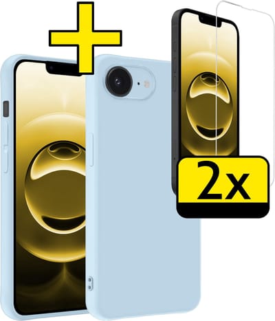 Hoesje - Met 2x Screenprotector - Geschikt voor Apple iPhone 16e - Sterk & Shockproof - Back Cover - Siliconen Case - Telefoon Hoes - Telefoonhoesjes - Lichtblauw