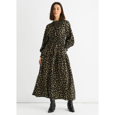 Khaki Dierenprint Gekreukte Hoge Hals Maxi-jurk