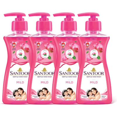 Santoor Savon pour les Mains Doux et Doux 200ml, Lot de 4 avec la Bonté du Lotus et du Tulsi| Formule Riche Moussante avec Propriétés Antibactériennes| Doux pour les Mains| S pink
