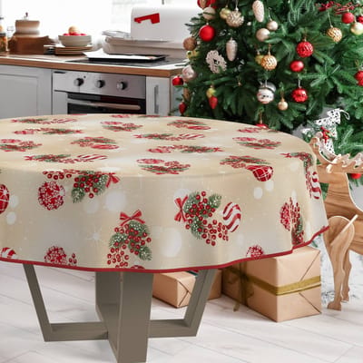 ANRO Tafelkleed Kerstballen Beige Rond Ø100cm Met sierband Afwasbaar Waterafstotend Binnen & Buiten