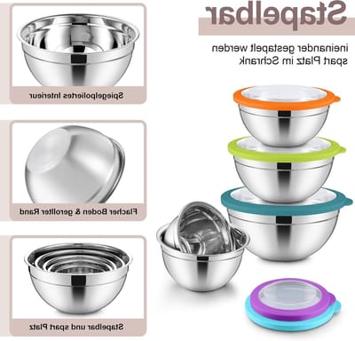 Mixkommen Set van 5, RVS Mengkommen met Transparante Luchtdichte Deksel, Ideaal voor Salades, Bakken en Serveren, Stapelbaar en Diverse Maten van 0.7 L tot 4.5 L