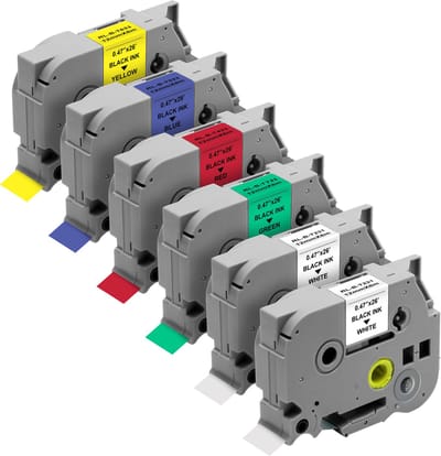 Label compatible Brother P-touch - Label 12 mm x 8 m - Set van 6 wit/blauw/geel/rood/groene linten