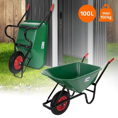 Kruiwagen kunststof 100 liter tot 150kg groen met luchtbanden en metalen velg