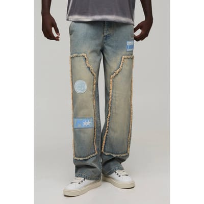 Relaxed Spijkerbroek Met Ruwe Randen En Moto Carpenter Stijl | Stonewash | Size 28