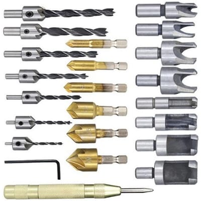 23-delige Gatenboor Set RVS Messing 1/4in Zeskant 3/8in Rond Verzonken Boor Set
