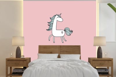 Behang kinderen - Kinderkamer decoratie - Eenhoorn - Roze - Quotes - Dream big - Meisjes - Kinderen - 240x240 cm - Wanddecoratie meisjes kamer - Kinderbehang