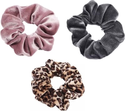 Scrunchie 3 stuks Velvet Extra Vol en Luxe - haarelastiek haarwokkel scrunchies - oudroze - grijs - panterprint bruintinten  - Kraagjeskopen.nl