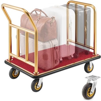 VEVOR roestvrijstalen hotelbagagetrolley, 340,19 kg zware bagagetrolley met 15 cm rubberen wielen, hoteltrolley met rode loper, commerciële platformtrolley voor hotels, vakantieappartementen en resorts, goudkleurig