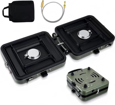 Campingfornuis Draagbaar - Opvouwbaar Gasstel - Buiten Koken - Dubbele 2200W Branders - 2.5 kg Lichtgewicht - Zilver
