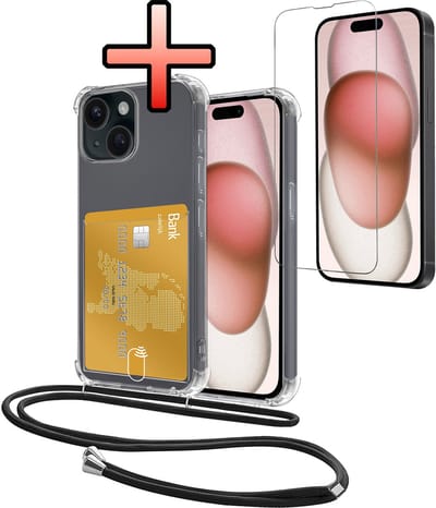 Hoes Geschikt voor Apple iPhone 15 Hoesje Pasjeshouder Cover Met Koord Shock Proof Case Siliconen Hoes Met Telefoonkoord en Kaarthouder Met Screenprotector - Transparant