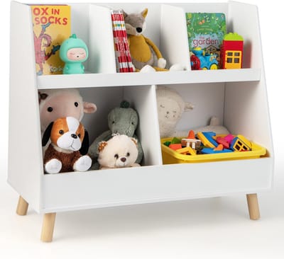 COSTWAY Kinderrek met 5 open vakken, boekenrek voor kinderen, kinderkamerrek met massief houten poten en kantelbeveiliging, speelgoedrek voor kinderkamer, speelkamer, slaapkamer, wit