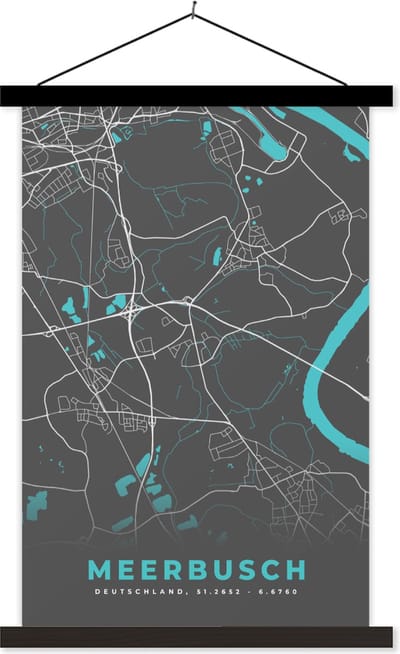 Posterhanger incl. Poster 40x60 cm - Schoolplaat - Blauw – Duitsland – Plattegrond – Stadskaart – Kaart – Meerbusch - Textielposter - Zwarte latten - Stadskaart