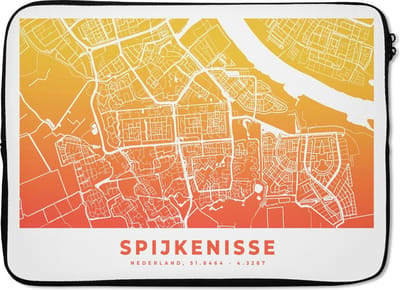 Laptophoes 14 inch - Stadskaart - Spijkenisse - Nederland - Geel - Laptop sleeve - Binnenmaat 33x23 cm - Zwarte achterkant