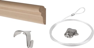 STAS houten schilderijrail - Ophangsysteem Schilderijen / Fotolijsten / Poster – Ophangrails - windsor 120cm + kantlathaak alu + koord met lus 150cm + zipper ophanghaak (complete set)