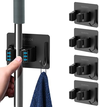 Dailygoods- Bezemerhouder Zelfklevend - Gereedschapshouder - Wanddweilhouder - Roestvrij Staal - Zwart/Grijs - Eenvoudige Installatie