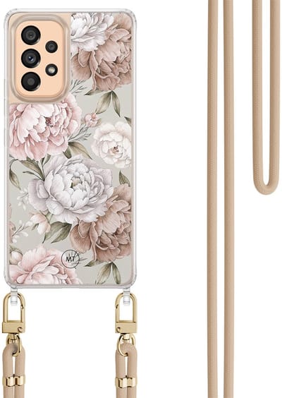 Hoesje met koord geschikt voor Samsung Galaxy A52 5G - Klassieke bloemen - Inclusief Beige koord - Crossbody beschermhoes - Transparant, Beige - Mooie Telefoonhoesjes