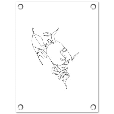 Tuinposter 30x40 cm - Tuindecoratie Abstracte line art van een koppel en rozen op een witte achtergrond - Poster voor in de tuin - Buiten decoratie - Schutting tuinschilderij - Tuindoek muurdecoratie - Wanddecoratie balkondoek
