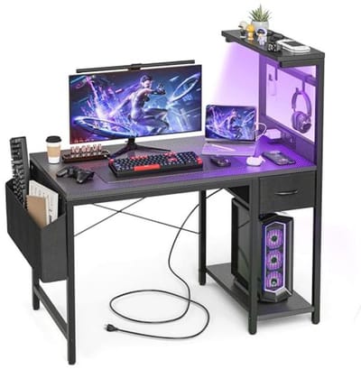 Gamingbureau 47 inch met stopcontact en LED-licht - Computerbureau met omkeerbare planken en opberglade voor thuiskantoor