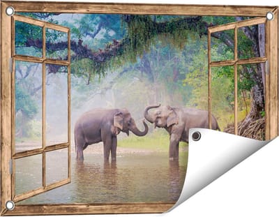 Gards Tuinposter Doorkijk Twee Olifanten in het Water - 60x40 cm - Tuindoek - Tuindecoratie - Wanddecoratie buiten - Tuinschilderij