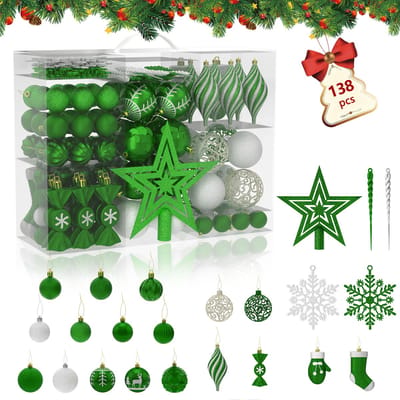 138 stuks kleine kerstballen, kunststof kerstboomversiering met kerstversiering en hangers, groen