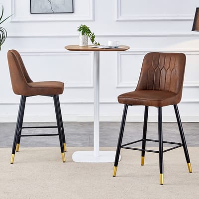 MODFU - Barkrukken Set Van 2 - Met Rugleuning En Voetensteun - Modern - Voor Bar En Keukeneiland - Stof En Metaal - Bruin En Zwart