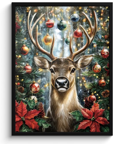 Poster in lijst - Fotolijst 60x80 cm - Posters - Kerstfeest - Dennenbos - Rood - Posterlijst zwart - Decoratie - Wanddecoratie woonkamer - Muurdecoratie slaapkamer - Kerstversiering - Kerstdecoratie voor binnen - Kerstmis