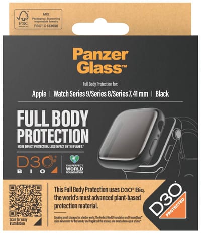 PanzerGlass Screenprotector geschikt voor Apple Watch - 41 mm Glazen | PanzerGlass Full Body Protector - Case Friendly - Zwart