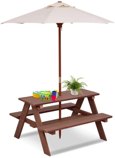Picknicktafel - Kinderen - Tuintafel - Multifunctionele Picknick tafel - Met parasol - Speeltafel - Geschikt voor Buiten - Hout - Walnoot