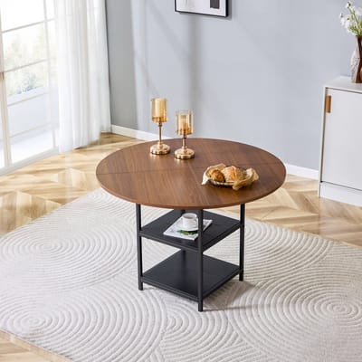 Eettafel - Ronde Tafel Met Dubbele Open Opbergruimte - Voor Eethoek En Kleine Woonruimte - MDF En Metaal - 107 x 75 cm - Zwart Walnoot