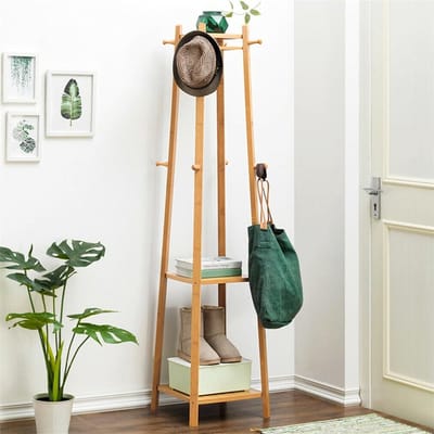 unho Bamboe Kapstok - Kapstok - Kledinghanger - Kapstok - met plank en 8 haken - Vrijstaand - voor hoeden, kleding, tassen, schoenen