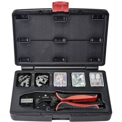 TOOLCRAFT TO-7703463 Krimptangset 83-delig Adereindhulzen 0.5 tot 35 mm² Incl. assortiment adereindhulzen in koffer, Incl. verwisselbare krimpinserts