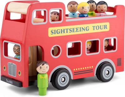 Woet® Houten City Tour Bus - Dubbeldekker Bus met Chauffeur en 8 Passagiers - Speelgoedvoertuig met Poppetjes - Rollenspel Speelgoed - Vanaf 18 Maanden