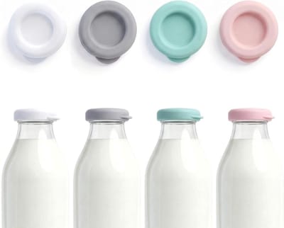 Set van 4 herbruikbare kleurrijke siliconen deksels voor glazen melkflessen, ideaal voor versheid en bescherming