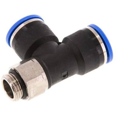 14mm x G3/8'' rechte hoek T-stuk Messing/PA 66 Insteekfitting Buitendraad Draaibaar NBR