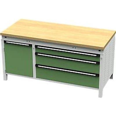 Otto Kind brede werkbank type 440, multiplexplaat van beukenhout, vlak afgeschoten, tot 1400 kg, B 1697 x D 750 x H 850 mm, staal, centrale vergrendeling, lichtgrijs/resedagroen