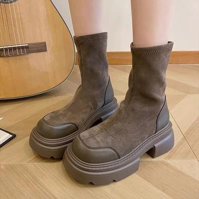 Herfstlaarzen Damesschoenen Dameslaarzen Mode Ronde neus Enkellaarsjes Winter Elastische Zwarte Laarzen Comfortabel 40 brown